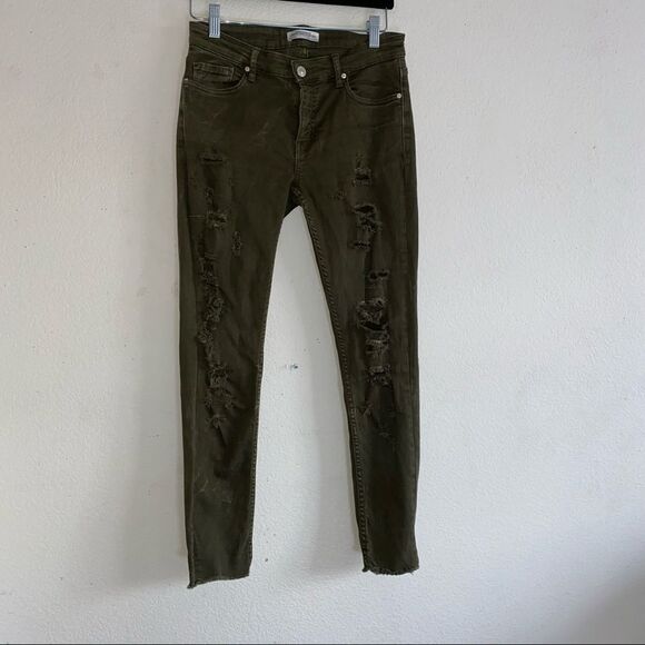 Zara Woman Premium Denim Collection Army Green Distressed Skinny Jeans - Picture 7 of 11